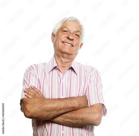 Portrait Of Healthy Happy Smile Senior Elderly Caucasian Old Man Face With Arm Crossed Isolated