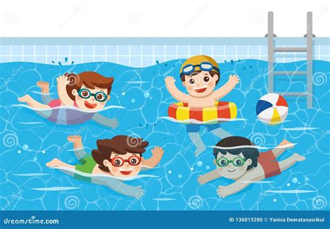 Cheerful And Active Kids Swimming In The Swimming Pool Stock Vector