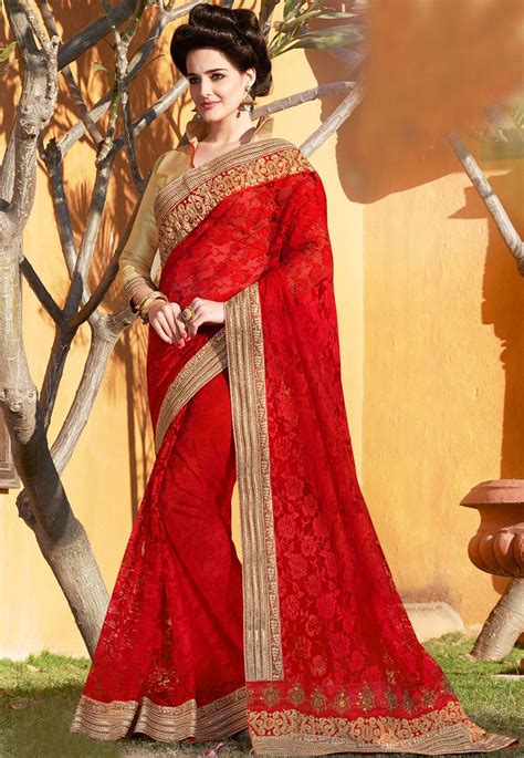 Red Net Jacquard Saree Saree Glamour Dress Indian Clothes Online