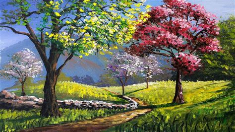 Pink Flowering Tree In Spring Acrylic Landscape Painting In Time