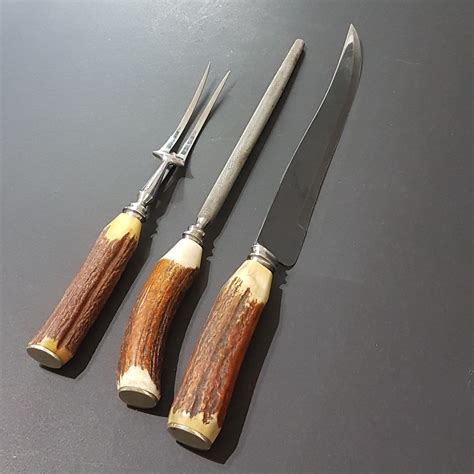 Vintage Genuine Antler Handle 3pc Meat Carving Set Cox Co Ltd