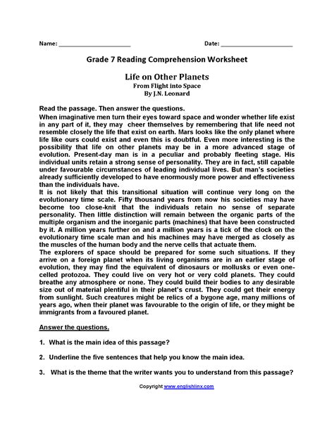 Free Printable 7th Grade Reading Comprehension Worksheets Printable