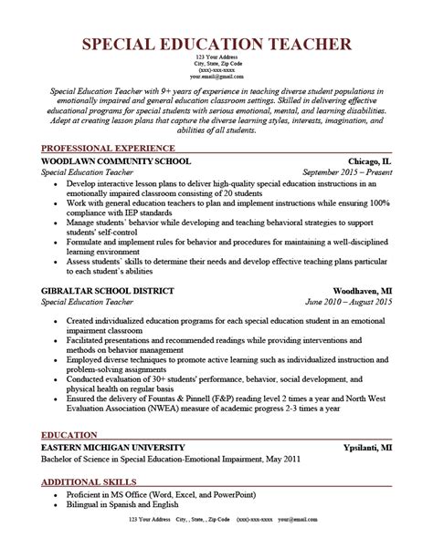 Special Education Teacher Resume Template Free Special Education