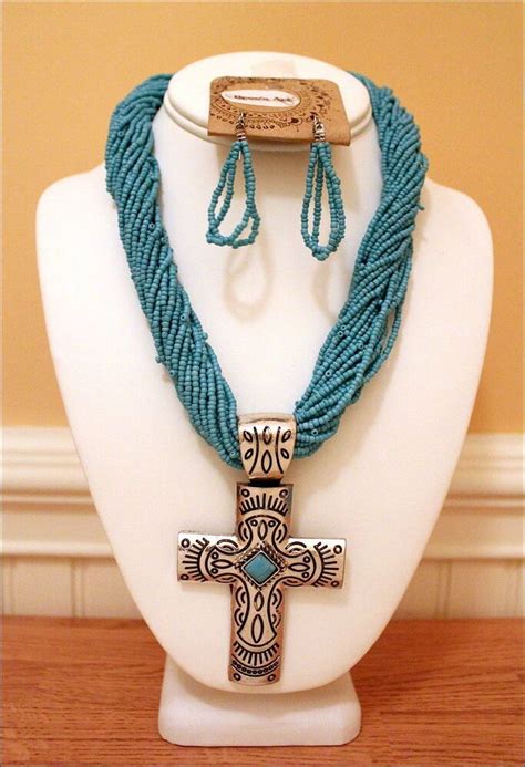 Cowgirl South West Engraved Metal Cross Turquoise Seed Beads Necklace
