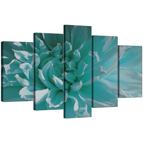 Extra Large Flower Canvas Wall Art 5 Piece In Teal