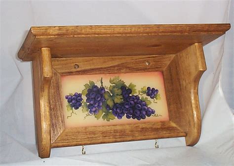 Wood Wall Shelf Tuscan Decor Grape Glass Tile Insert With Hooks Solid