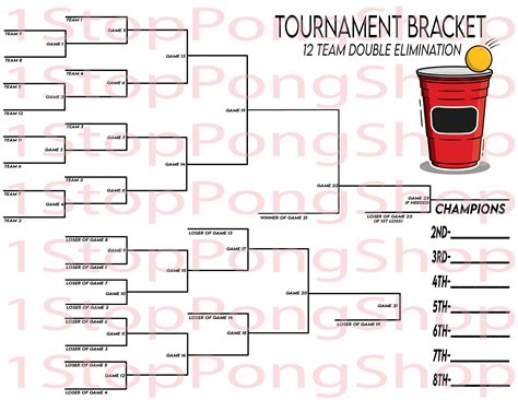 12 Team Double Elimination Beer Pong Tournament Bracket Instant