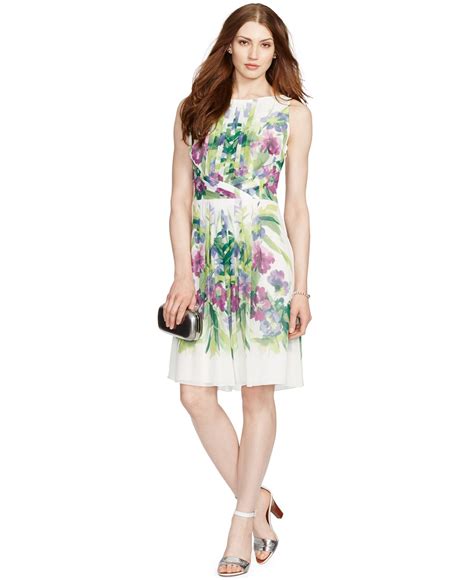 Lauren By Ralph Lauren Floral Print Pleated Dress In White Lyst