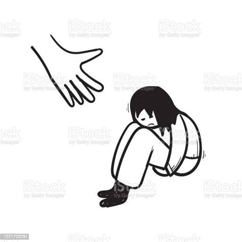 Hand Drawn Human Hand Helps A Sad Lonely Woman To Get Rid Of Depression