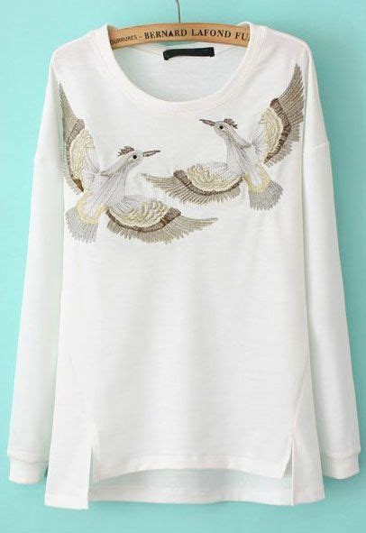 White Long Sleeve Birds Embroidered Asymmetrical Sweatshirt Us3197