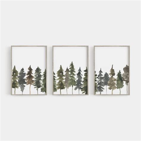 Pine Tree Line Watercolor Set Of 3 Art Prints Or Canvases Pine