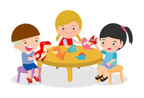 Happy Childrens Activity In The Kindergarten Cute Kids With Playing Toy