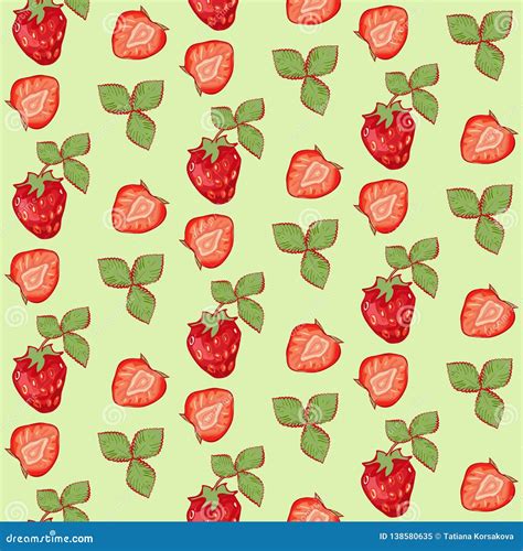 Seamless Pattern Summer Strawberry With Leaves On Green Background