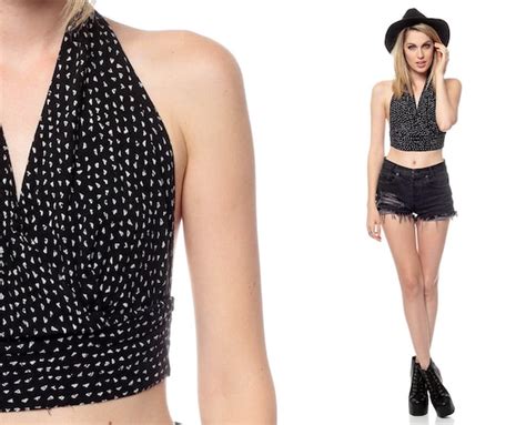 Hippie Halter Top 70s Black And White Polka Dot Cropped Pin Up