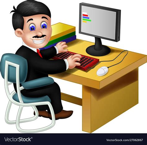 Funny Employee Man Working With Computer Cartoon Vector Image Funny