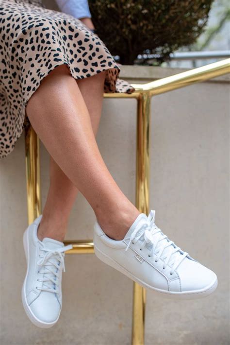 How To Style Sneakers With Skirts And Dresses — Bows And Sequins White Leather Tennis Shoes
