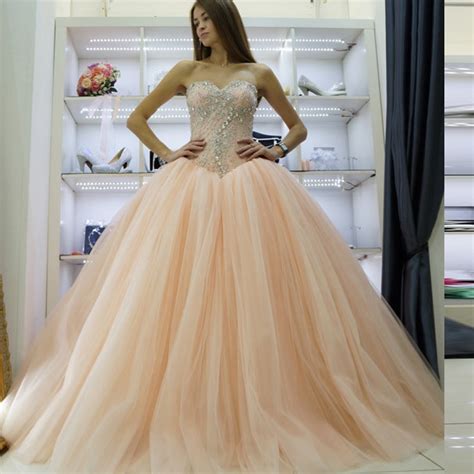 Wedding Dress Sweetheart Peach Color Gown Princess Lace Up Back Crystal