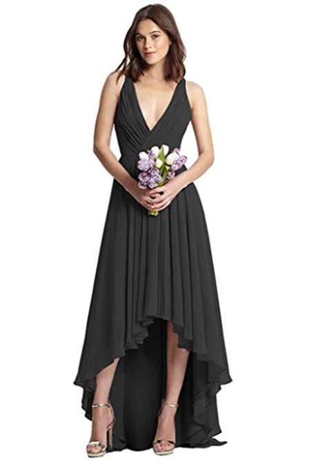 Amxk Womens High Low Chiffon Bridesmaid Dresses V Neck Long Ruched Formal Prom Party Gowns