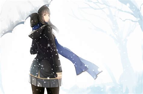 Download 1536x2048 Anime Girl Snow Hood Umbrella Black Hair Blue