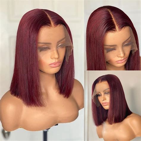 Transparent Burgundy Short Bob Straight Lace Frontal Wigs Etsy