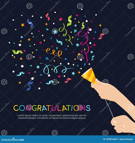 Hand Hold Party Popper And Congratulations Colorful Text Vector Design