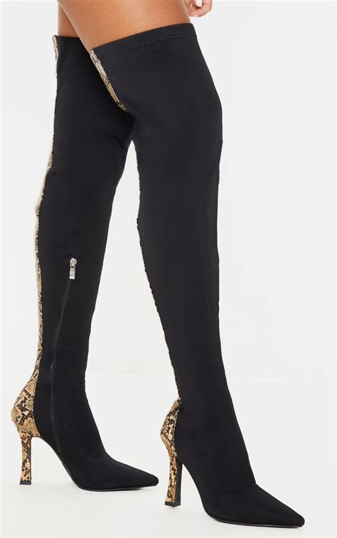 Black Flare Heel Zip Back Thigh High Boot Prettylittlething