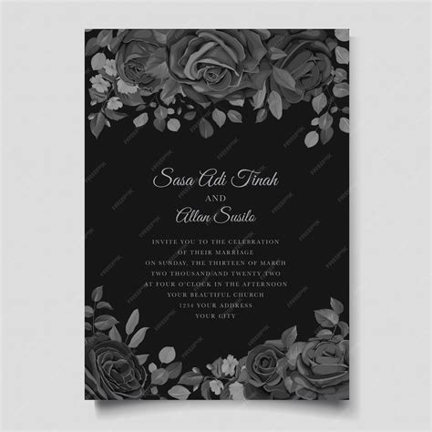 Premium Vector Beautiful Wedding Invitation Card With Black Floral Wreath