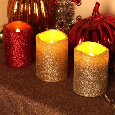 Dfl Flameless Real Wax Led Pillar Candles With Timer With Glitter