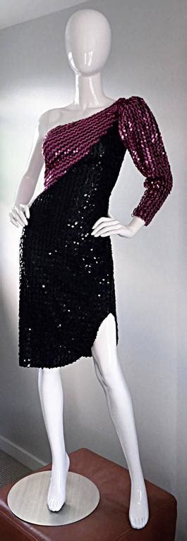 1970s Samir Vintage Disco 70s Black Pink Sequin One Shoulder Color Block Dress For Sale At 1stdibs