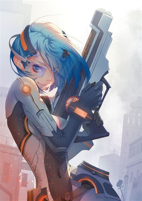Anime Anime Girls Short Hair Blue Hair Rifles Suits Science Fiction
