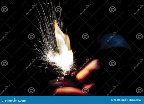 Fire Sparks From Lighter In Hands Stock Image Image Of Hands Hand