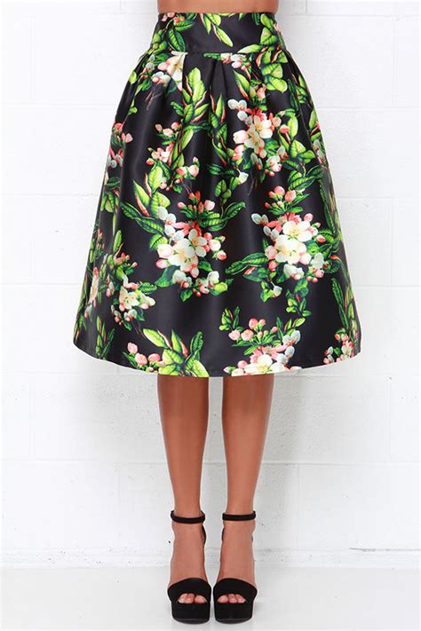 Lovely Black Skirt Floral Print Skirt Pleated Skirt 8400
