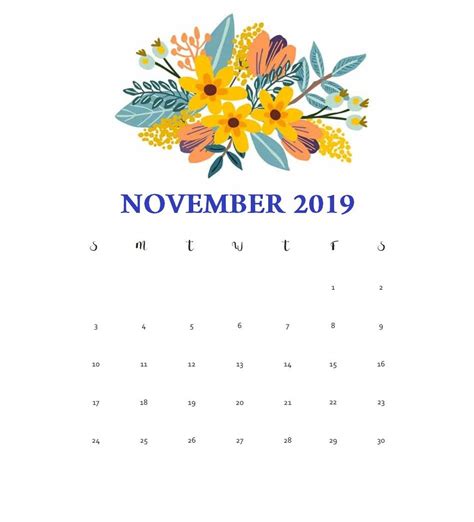 Printable November 2019 Floral Calendar 2019 Calendar Monthly