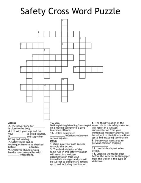 Safety Cross Word Puzzle Wordmint