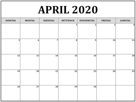 Übersichtlicher kalender für märz 2021 mit feiertagen und kalenderwochen und formatvorlagen für pdf zum download & ausdrucken (kostenlos). Anpassen Kalender April 2020 Zum Ausdrucken | Nosovia.com
