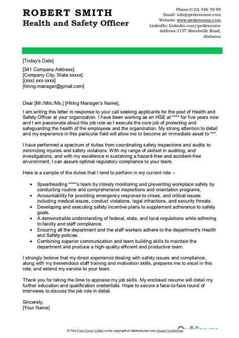 Health And Safety Officer Cover Letter Examples Qwikresume