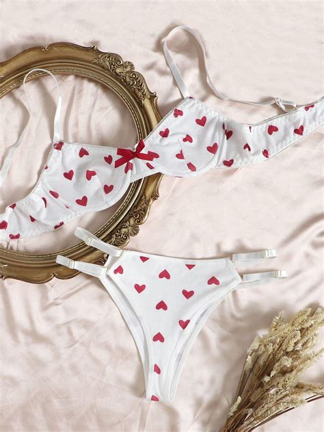 Red And White Romantic Polyester Heart Slight Stretch Women Intimates Bra And Underwear Sets
