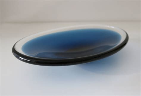 Very Heavy Glass Dish Cobalt Blue And Clear Bowl Possibly Scandinavian Mid Century Vintage