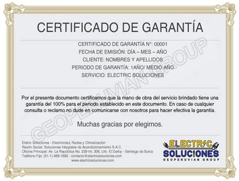 Certificado De Garantía Electric Soluciones