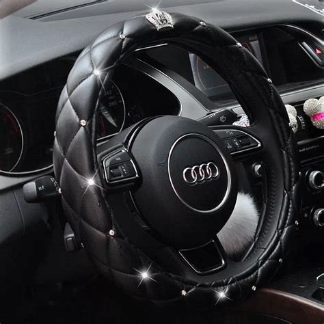 Black Leather Steering Wheel Cover With Bling Crown Carsoda