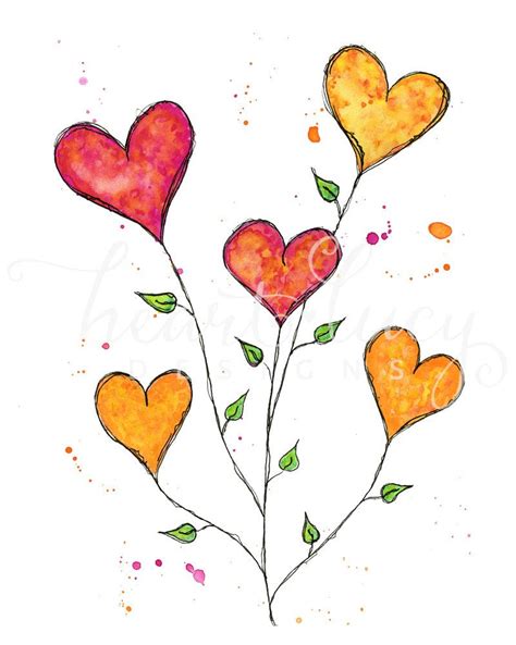 Whimsical Heart Flowers 5x7 Or 8x10 Watercolor Art Print By