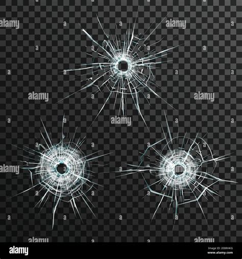 Bullet Holes Template In Glass On Transparent Gray Background Isolated