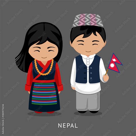 Nepalese In National Dress With A Flag Man And Woman In Traditional