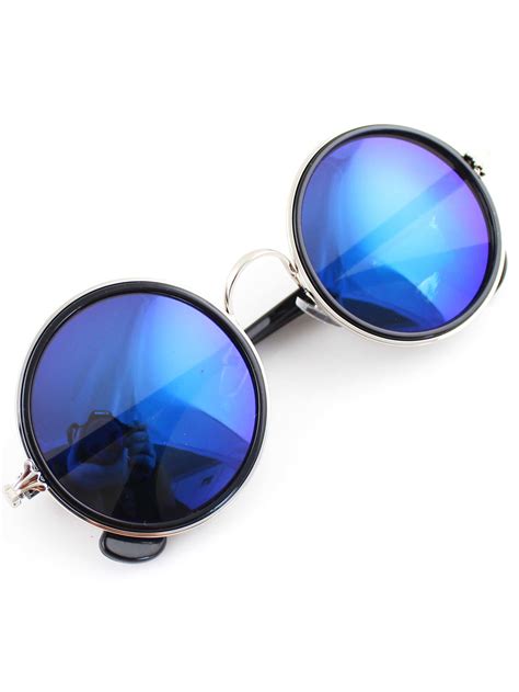 Silver Rim Blue Round Sunglasses Shein Sheinside