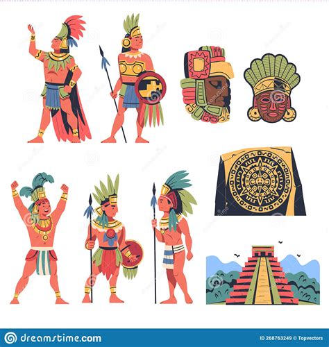 Maya Civilization People And Artifacts Set Cartoon Vector Illustration
