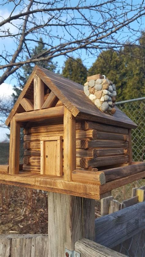 Bird Feeder Log Cabin Style With Stone Chimney Etsy Rustic Bird