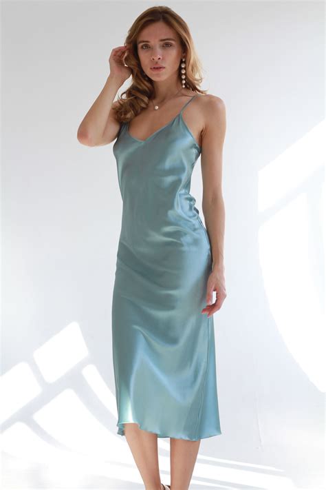 Blue Gray Bias Silk Slip Dress Satin Silk Summer Dress Pale Image 2