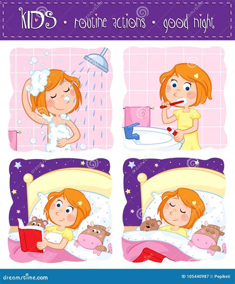 Kids Routine Actions Good Night Sleep Tight Stock Illustration