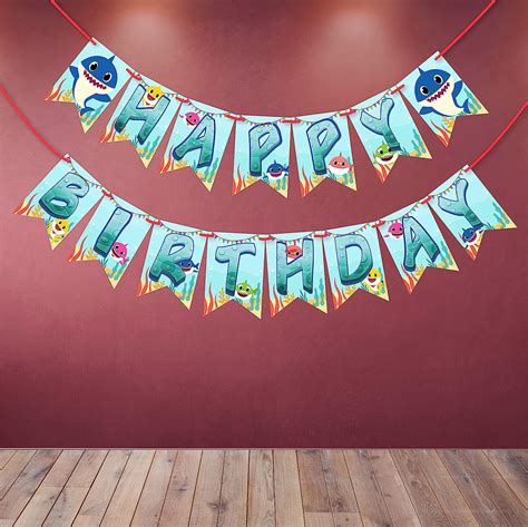 Wobbox Happy Birthday Bunting Banner Baby Shark Theme Blue Background