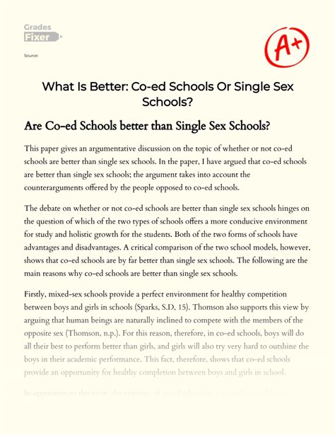 A Discussion Of Whether Co Ed Schools Are Better Than Single Sex Schools [essay Example] 1356